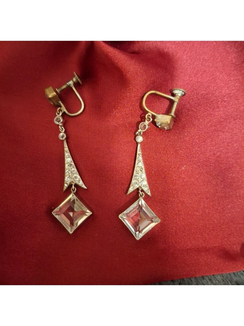 Art Deco Faceted Czech Glass Silver Drop Screwback Earrings Vintage - Picture 3 of 13
